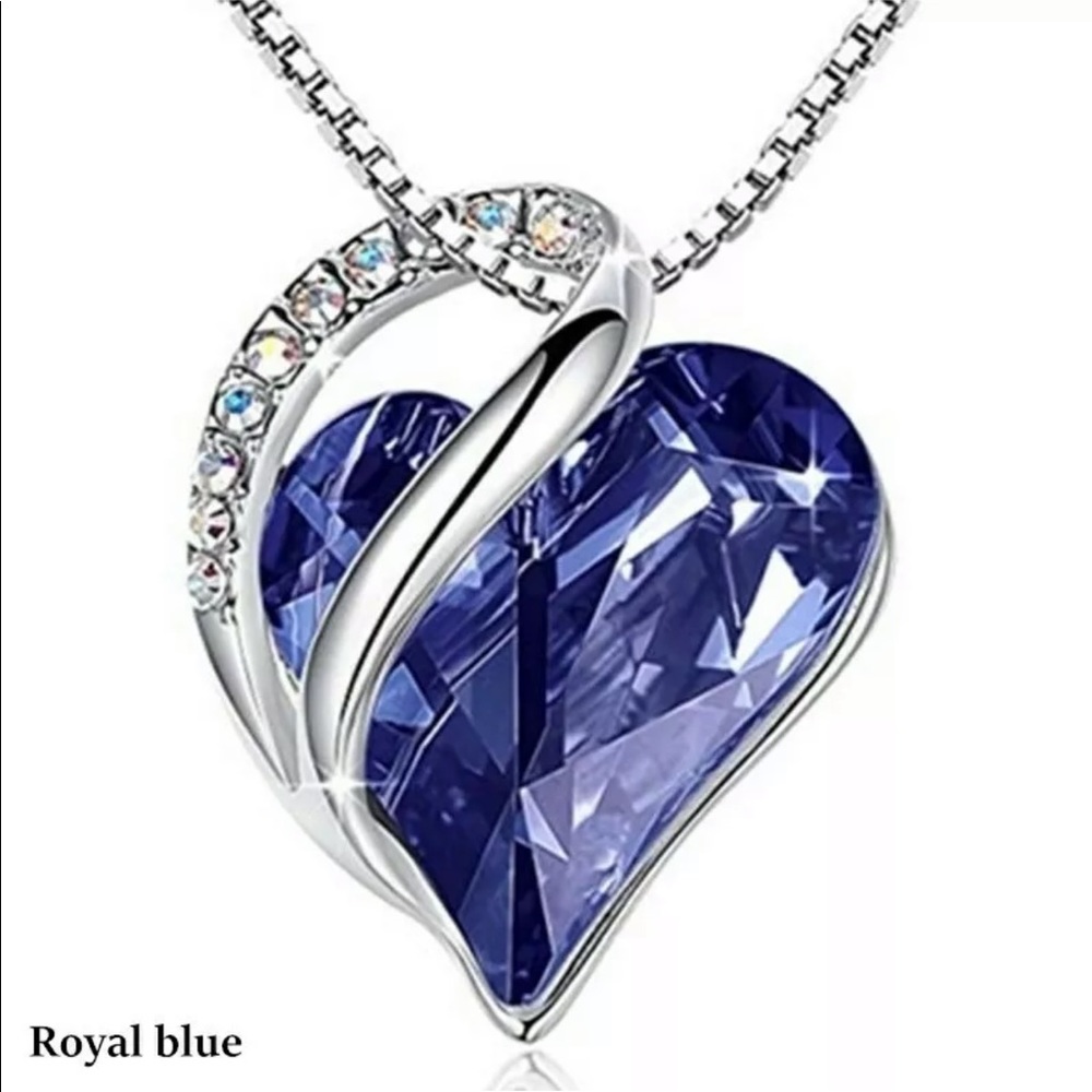 Womens Silver Love Heart Blue Zircon Necklace